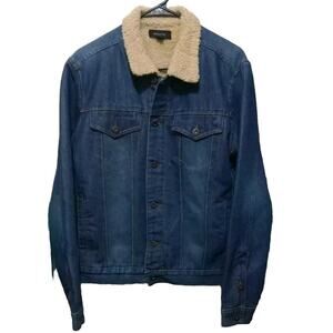 Mens Sherpa Blue Denim Jean Jacket Ring Of Fire S Trucker Cowboy Western
